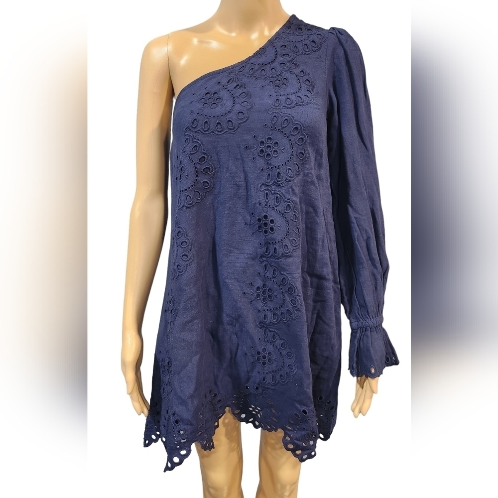 NWT Hill House The Mila women's navy cotton linen one hand lace trim dress XXS - Picture 2 of 9